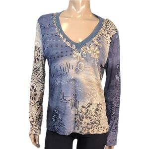 Taviani Italian Concept Y2K Mesh Top Long Sleeve Boho Floral Embroidered Blouse